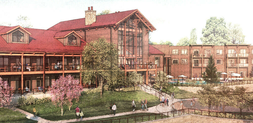 A rendering of the new Hocking Hills State Park Lodge. The large timber building is shown during spring when cherry blossom trees are blooming. 