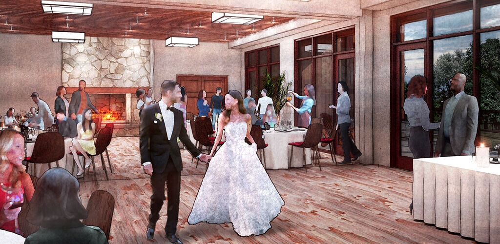 A rendering of a wedding taking place at the Hocking Hills state park lodge. Guests enjoy beautiful scenery through the large windows and the happy couple strolls around the large room.