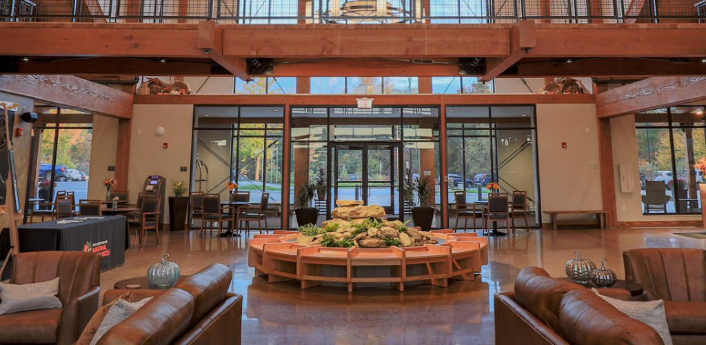 Hocking Hills lobby with stone garden in the center