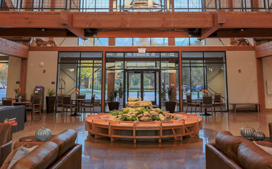 Hocking Hills lobby with stone garden in the center