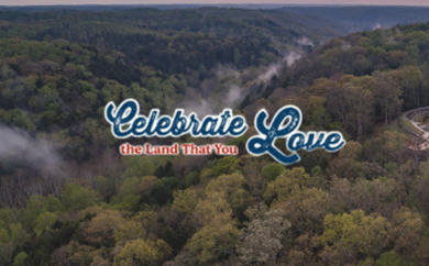 aerial view of hocking hills lodge with graphic, celebrate the land that you love