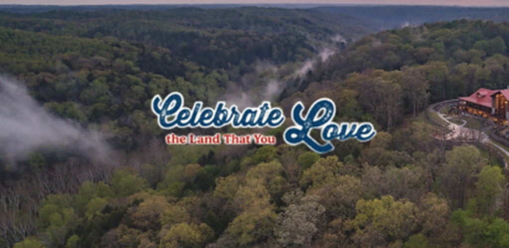 aerial view of hocking hills lodge with graphic, celebrate the land that you love