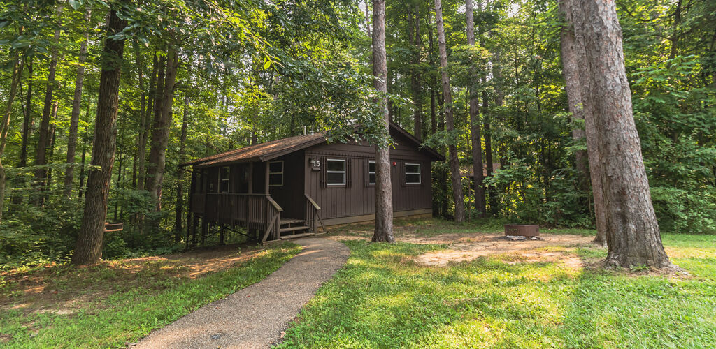 cabin nestled among trees at Hocking Hills State Park